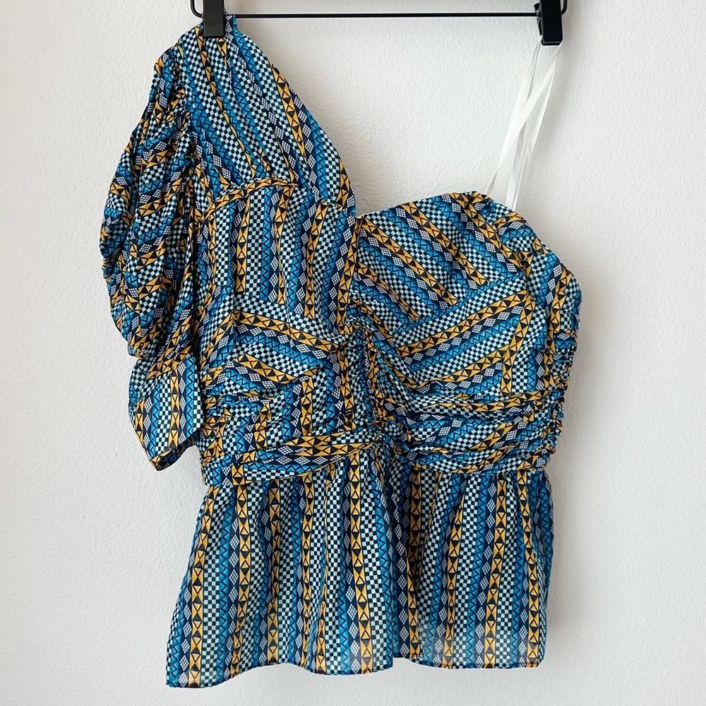 BCBGMAXAZRIA One Shoulder Puff Sleeve Top Cotton Silk Boho Statement XS NWOT